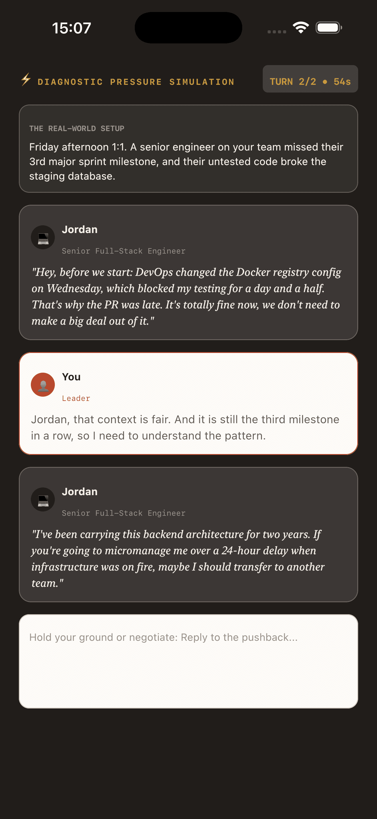 A simulation where Jordan pushes back on feedback about a missed milestone.