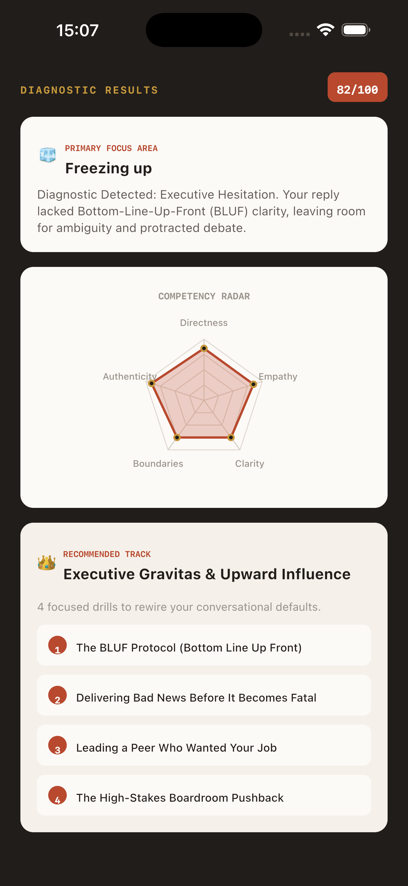 Diagnostic results showing a competency radar and the primary focus area.