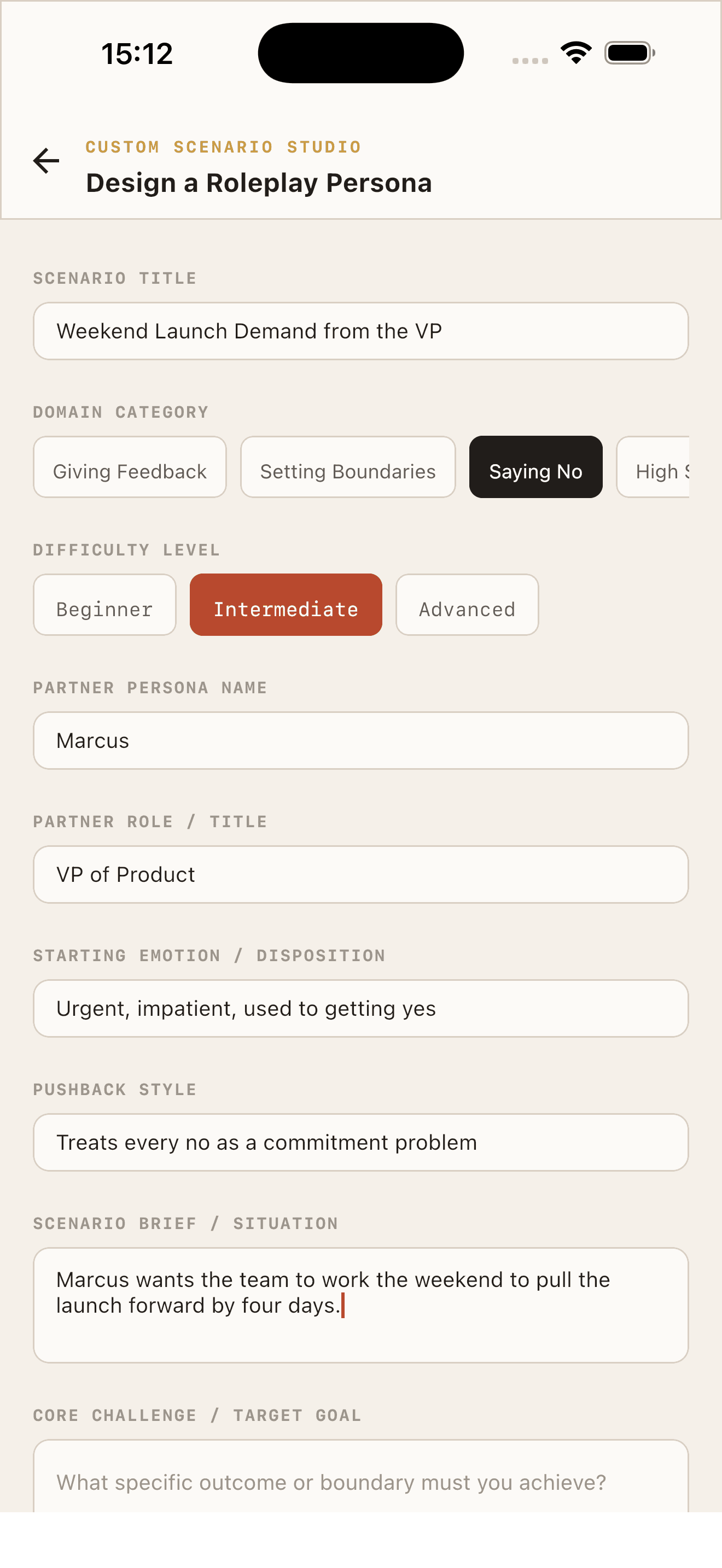 The Custom Scenario Studio form.
